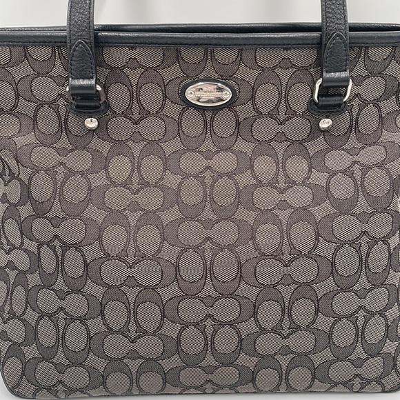 - Coach Black Signature Jacquard and Leather Tote Satchel Bag - Picture 2 of 11